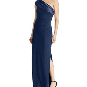 LAUREN RALPH LAUREN One Shoulder Maxi Dress Sz 6 Navy Blue Satin Trim Side Slit